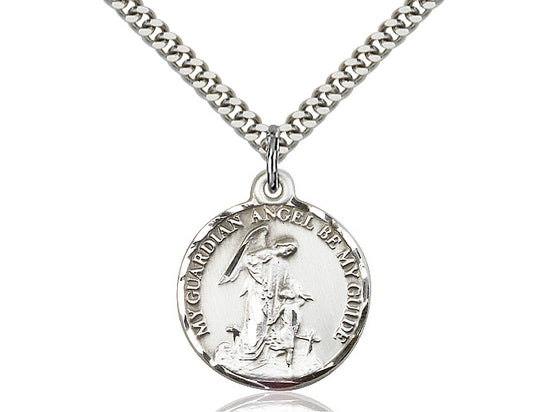 Sterling Silver Guardian Angel Pendant on a 24 inch Light Rhodium Heavy Curb Chain - Unique Catholic Gifts