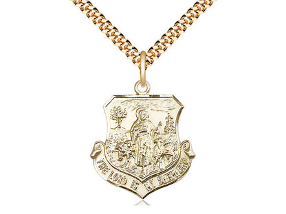 14kt Gold Filled Lord Is My Shepherd Pendant on a 24 inch Gold Plate Heavy Curb Chain - Unique Catholic Gifts