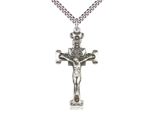 Sterling Silver Crucifix Pendant on a 24 inch Light Rhodium Heavy Curb Chain - Unique Catholic Gifts
