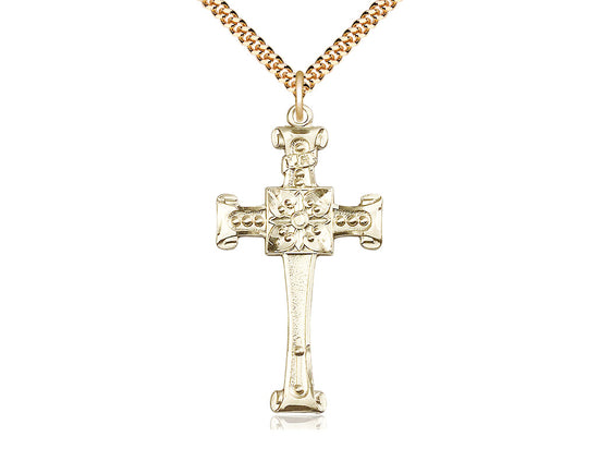 14kt Gold Filled Cross Pendant on a 24 inch Gold Plate Heavy Curb Chain - Unique Catholic Gifts