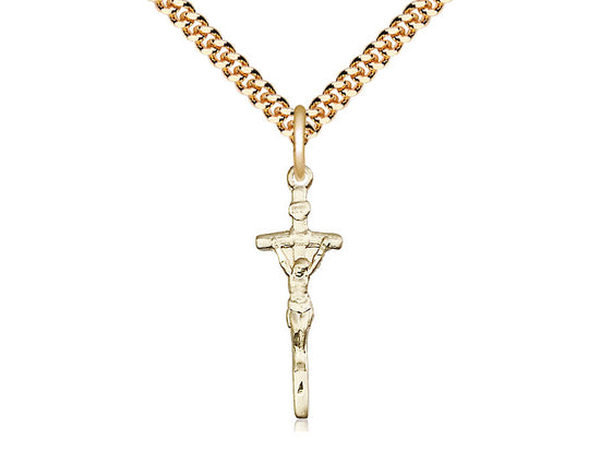 14kt Gold Filled Papal Crucifix Pendant on a 24 inch Gold Plate Heavy Curb Chain - Unique Catholic Gifts