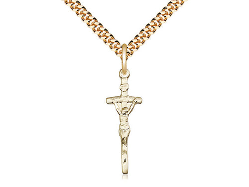 14kt Gold Filled Papal Crucifix Pendant on a 24 inch Gold Plate Heavy Curb Chain - Unique Catholic Gifts