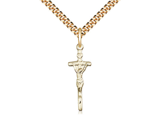 14kt Gold Filled Papal Crucifix Pendant on a 24 inch Gold Plate Heavy Curb Chain - Unique Catholic Gifts