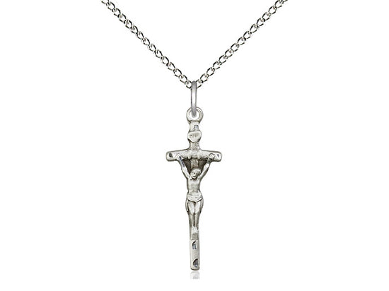 Sterling Silver Papal Crucifix Pendant on a 18 inch Sterling Silver Light Curb Chain - Unique Catholic Gifts