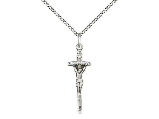 Sterling Silver Papal Crucifix Pendant on a 18 inch Sterling Silver Light Curb Chain - Unique Catholic Gifts