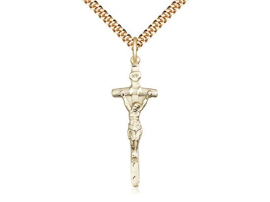 14kt Gold Filled Papal Crucifix Pendant on a 24 inch Gold Plate Heavy Curb Chain - Unique Catholic Gifts