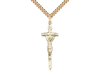 14kt Gold Filled Papal Crucifix Pendant on a 24 inch Gold Plate Heavy Curb Chain - Unique Catholic Gifts