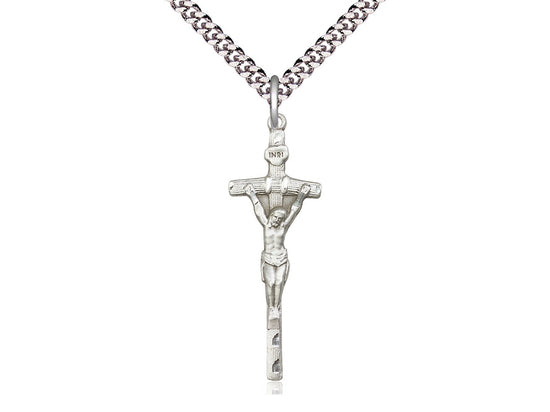 Sterling Silver Papal Crucifix Pendant on a 24 inch Light Rhodium Heavy Curb Chain - Unique Catholic Gifts