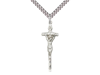 Sterling Silver Papal Crucifix Pendant on a 24 inch Light Rhodium Heavy Curb Chain - Unique Catholic Gifts