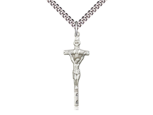 Sterling Silver Papal Crucifix Pendant on a 24 inch Light Rhodium Heavy Curb Chain - Unique Catholic Gifts