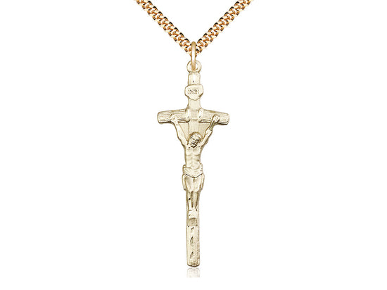 14kt Gold Filled Papal Crucifix Pendant on a 24 inch Gold Plate Heavy Curb Chain - Unique Catholic Gifts