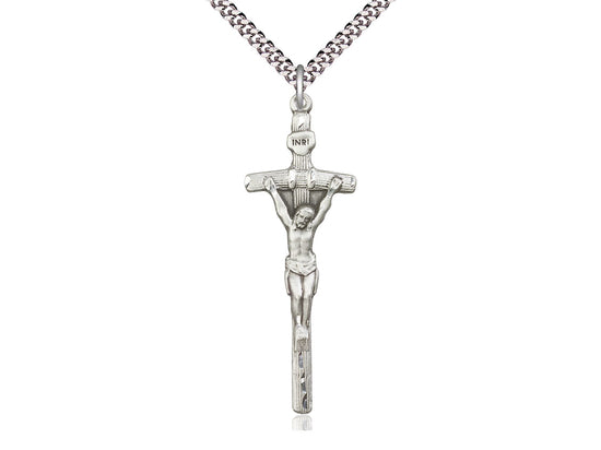 Sterling Silver Papal Crucifix Pendant on a 24 inch Light Rhodium Heavy Curb Chain - Unique Catholic Gifts