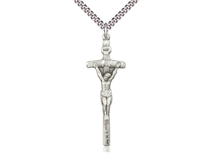 Sterling Silver Papal Crucifix Pendant on a 24 inch Light Rhodium Heavy Curb Chain - Unique Catholic Gifts