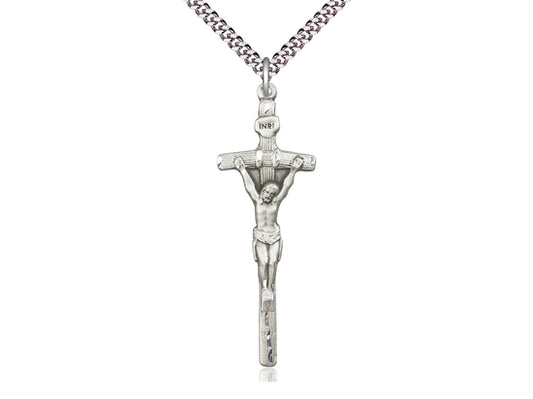 Sterling Silver Papal Crucifix Pendant on a 24 inch Light Rhodium Heavy Curb Chain - Unique Catholic Gifts