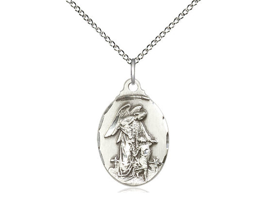 Sterling Silver Guardian Angel Pendant on a 18 inch Sterling Silver Light Curb Chain - Unique Catholic Gifts