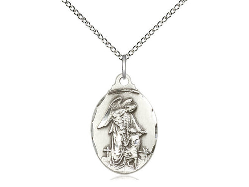 Sterling Silver Guardian Angel Pendant on a 18 inch Sterling Silver Light Curb Chain - Unique Catholic Gifts