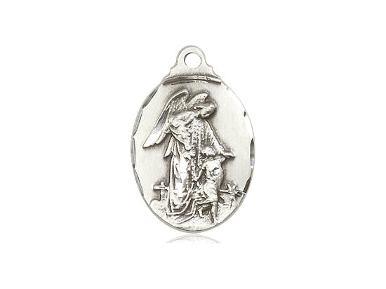 Sterling Silver Guardian Angel Pendant on a 18 inch Sterling Silver Light Curb Chain - Unique Catholic Gifts