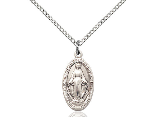 Sterling Silver Miraculous Pendant on a 18 inch Sterling Silver Light Curb Chain - Unique Catholic Gifts