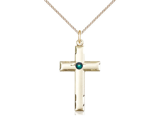 14kt Gold Filled Cross Pendant with a 3mm Emerald Swarovski stone on a 18 inch Gold Filled Light Curb Chain - Unique Catholic Gifts