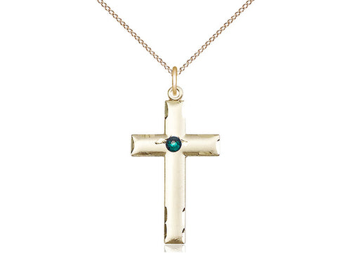 14kt Gold Filled Cross Pendant with a 3mm Emerald Swarovski stone on a 18 inch Gold Filled Light Curb Chain - Unique Catholic Gifts