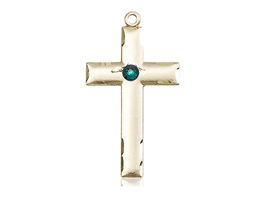 14kt Gold Filled Cross Pendant with a 3mm Emerald Swarovski stone on a 18 inch Gold Filled Light Curb Chain - Unique Catholic Gifts
