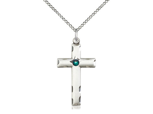 Sterling Silver Cross Pendant with a 3mm Emerald Swarovski stone on a 18 inch Sterling Silver Light Curb Chain - Unique Catholic Gifts