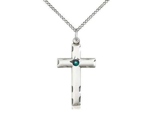 Sterling Silver Cross Pendant with a 3mm Emerald Swarovski stone on a 18 inch Sterling Silver Light Curb Chain - Unique Catholic Gifts