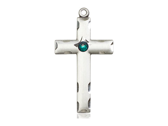 Sterling Silver Cross Pendant with a 3mm Emerald Swarovski stone on a 18 inch Sterling Silver Light Curb Chain - Unique Catholic Gifts