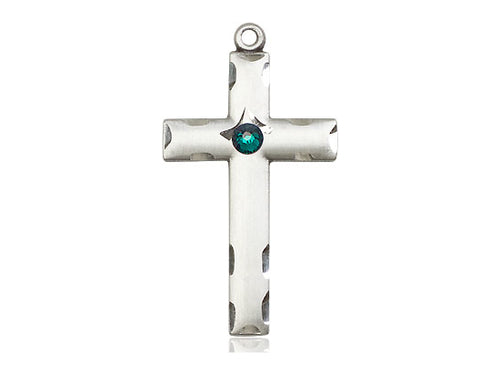 Sterling Silver Cross Pendant with a 3mm Emerald Swarovski stone on a 18 inch Sterling Silver Light Curb Chain - Unique Catholic Gifts