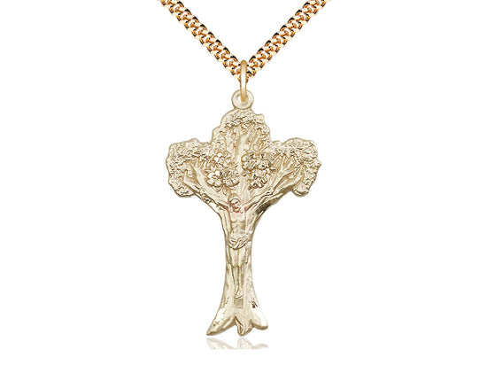 14kt Gold Filled Tree of Life Crucifix Pendant on a 24 inch Gold Plate Heavy Curb Chain - Unique Catholic Gifts