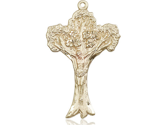 14kt Gold Filled Tree of Life Crucifix Pendant on a 24 inch Gold Plate Heavy Curb Chain - Unique Catholic Gifts