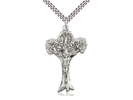 Sterling Silver Tree of Life Crucifix Pendant on a 24 inch Light Rhodium Heavy Curb Chain. - Unique Catholic Gifts