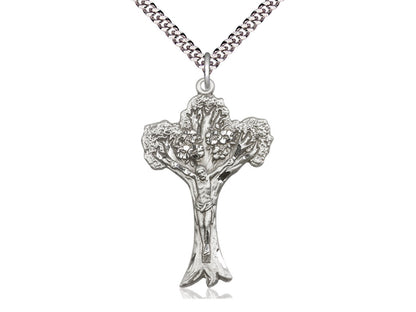 Sterling Silver Tree of Life Crucifix Pendant on a 24 inch Light Rhodium Heavy Curb Chain. - Unique Catholic Gifts