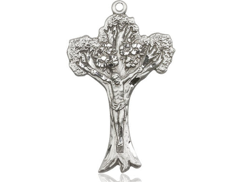 Sterling Silver Tree of Life Crucifix Pendant on a 24 inch Light Rhodium Heavy Curb Chain. - Unique Catholic Gifts