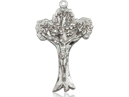 Sterling Silver Tree of Life Crucifix Pendant on a 24 inch Light Rhodium Heavy Curb Chain. - Unique Catholic Gifts