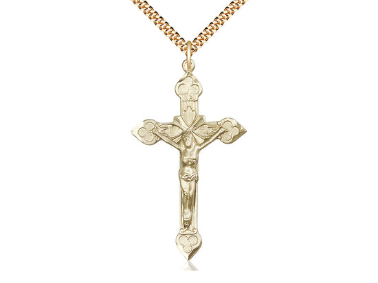 14kt Gold Filled Crucifix Pendant on a 24 inch Gold Plate Heavy Curb Chain - Unique Catholic Gifts