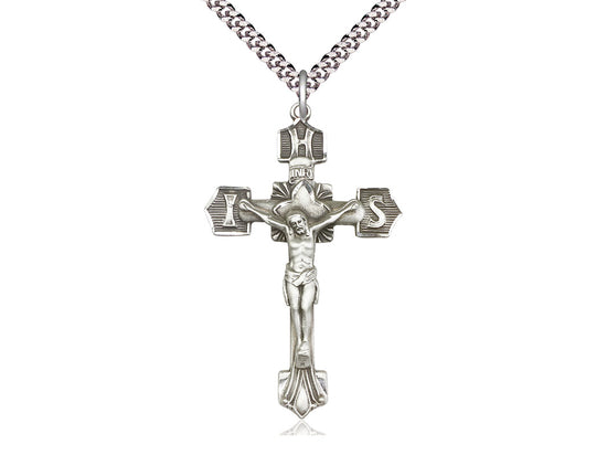 Sterling Silver Crucifix Pendant on a 24 inch Light Rhodium Heavy Curb Chain - Unique Catholic Gifts