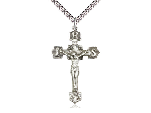 Sterling Silver Crucifix Pendant on a 24 inch Light Rhodium Heavy Curb Chain - Unique Catholic Gifts