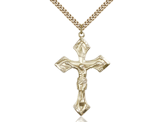14kt Gold Filled Crucifix Pendant on a 24 inch Gold Plate Heavy Curb Chain - Unique Catholic Gifts