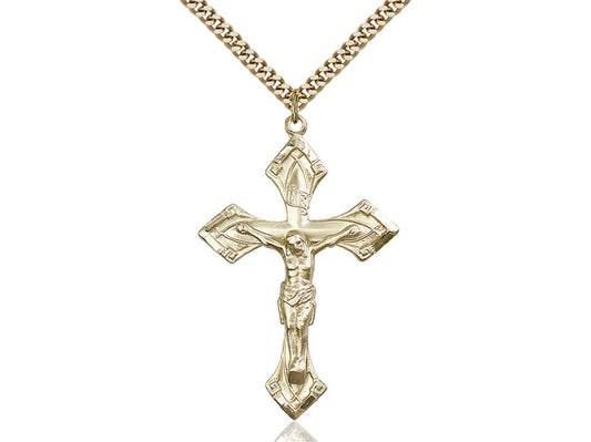 14kt Gold Filled Crucifix Pendant on a 24 inch Gold Plate Heavy Curb Chain - Unique Catholic Gifts