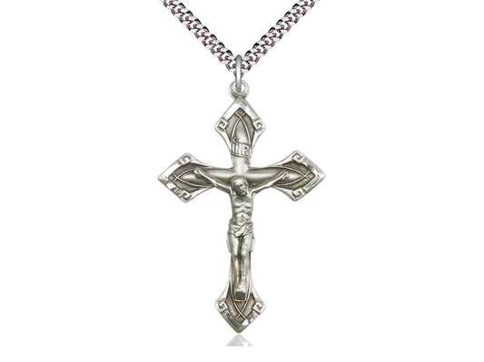 Sterling Silver Crucifix Pendant on a 24 inch Light Rhodium Heavy Curb Chain - Unique Catholic Gifts