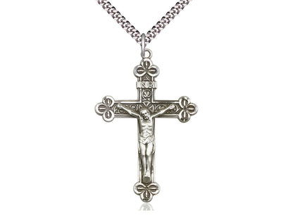 Sterling Silver Crucifix Pendant on a 24 inch Light Rhodium Heavy Curb Chain - Unique Catholic Gifts
