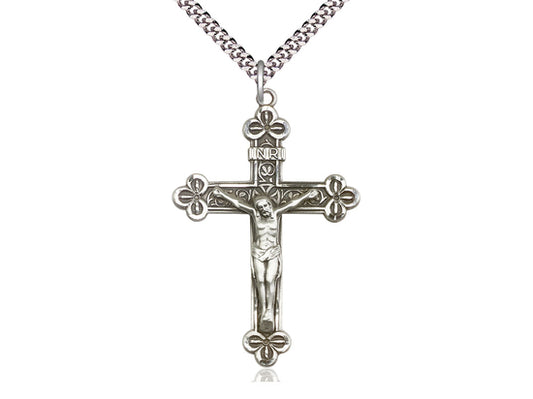 Sterling Silver Crucifix Pendant on a 24 inch Light Rhodium Heavy Curb Chain - Unique Catholic Gifts