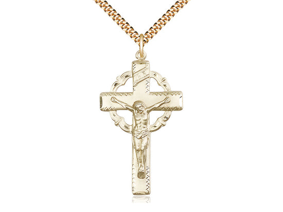 14kt Gold Filled Crucifix Pendant on a 24 inch Gold Plate Heavy Curb Chain - Unique Catholic Gifts