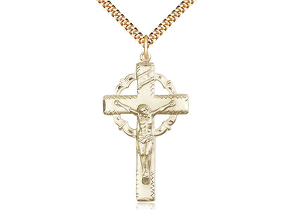 14kt Gold Filled Crucifix Pendant on a 24 inch Gold Plate Heavy Curb Chain - Unique Catholic Gifts