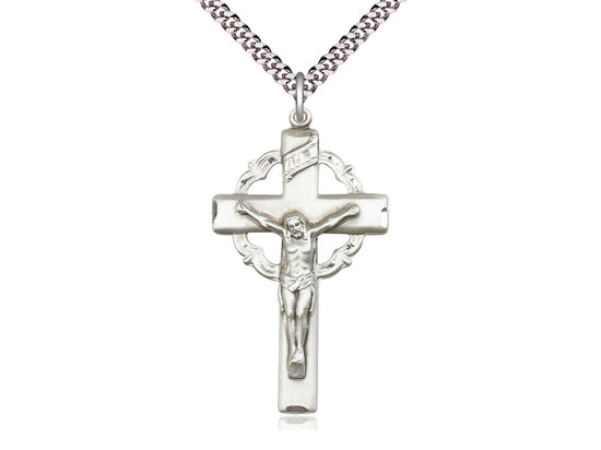 Sterling Silver Crucifix Pendant on a 24 inch Light Rhodium Heavy Curb Chain - Unique Catholic Gifts