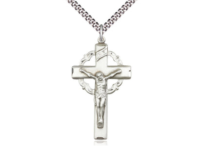Sterling Silver Crucifix Pendant on a 24 inch Light Rhodium Heavy Curb Chain - Unique Catholic Gifts
