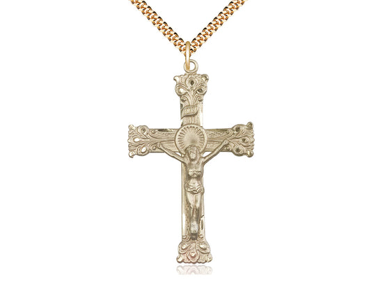 14kt Gold Filled Crucifix Pendant on a 24 inch Gold Plate Heavy Curb Chain - Unique Catholic Gifts