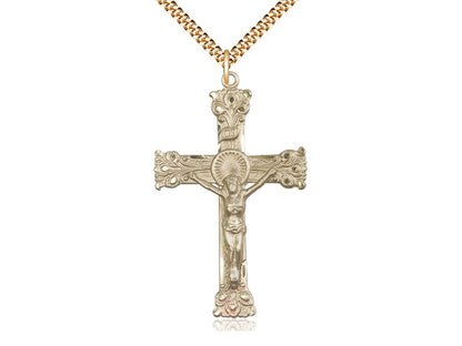 14kt Gold Filled Crucifix Pendant on a 24 inch Gold Plate Heavy Curb Chain - Unique Catholic Gifts