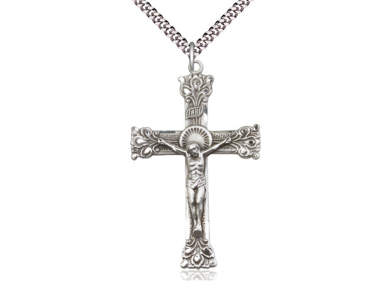 Sterling Silver Crucifix Pendant on a 24 inch Light Rhodium Heavy Curb Chain - Unique Catholic Gifts